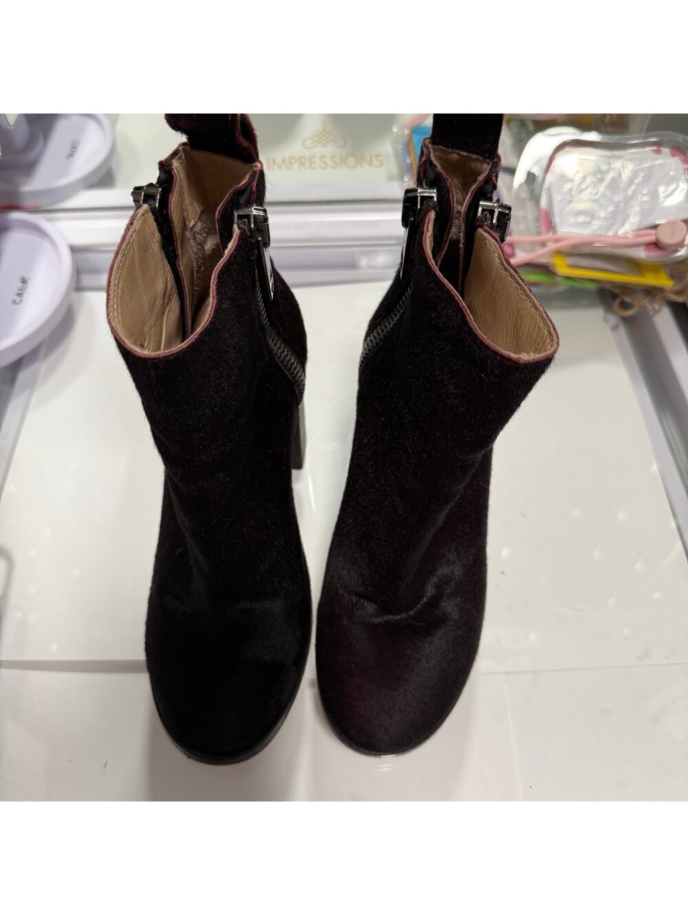 Diesel Women Block Heel Burgundy Cow Leather Zip Up Around Round Toe Ankle Boots